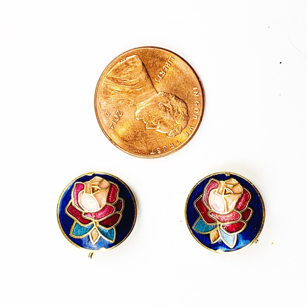 Vintage Enamel blue & pink cloisonné rose earrings - Picture 2 of 6